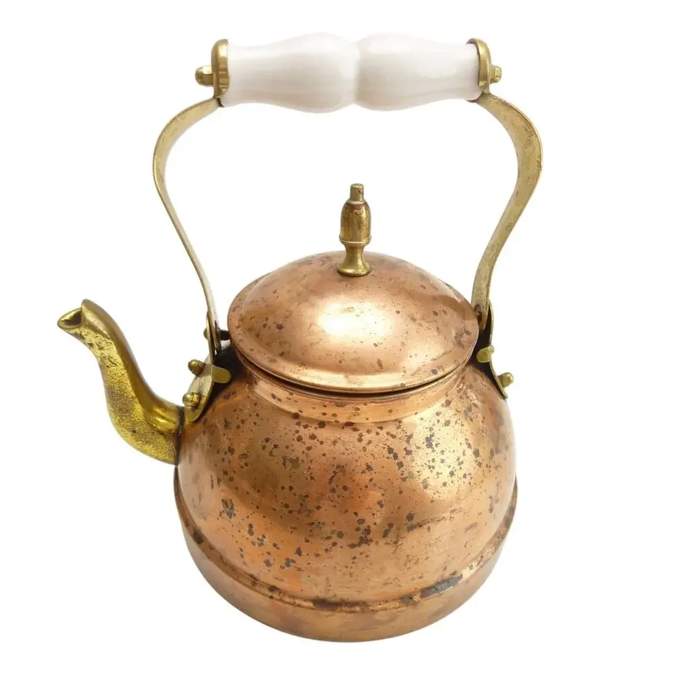 Vintage Copper Tea Kettle Brass White Ceramic Handle Grip Rustic Farmhouse Pots